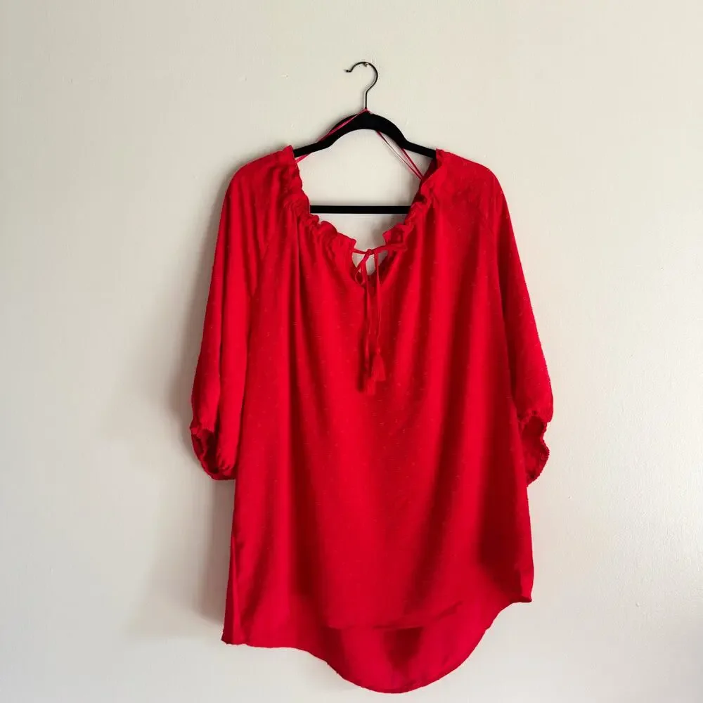 89th & Madison Red Swiss Dot Tie Neck Blouse - 1X - NWT